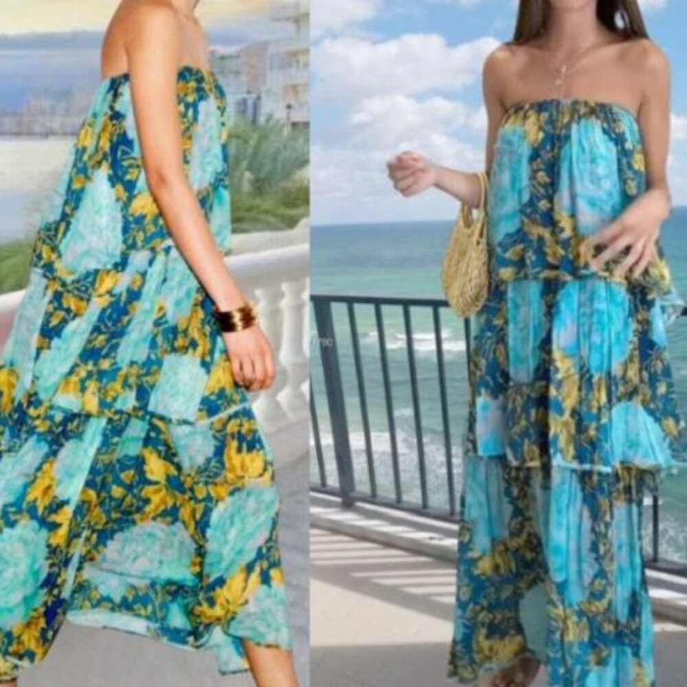 ZARA STRAPLESS AQUA WATERFALL MIDI DRESS ZW COLLECTION- S + M